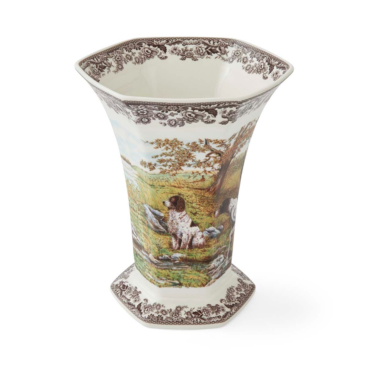 Spode Woodland Woodland Hexagonal Vase, Hunting Dogs—–5836—–