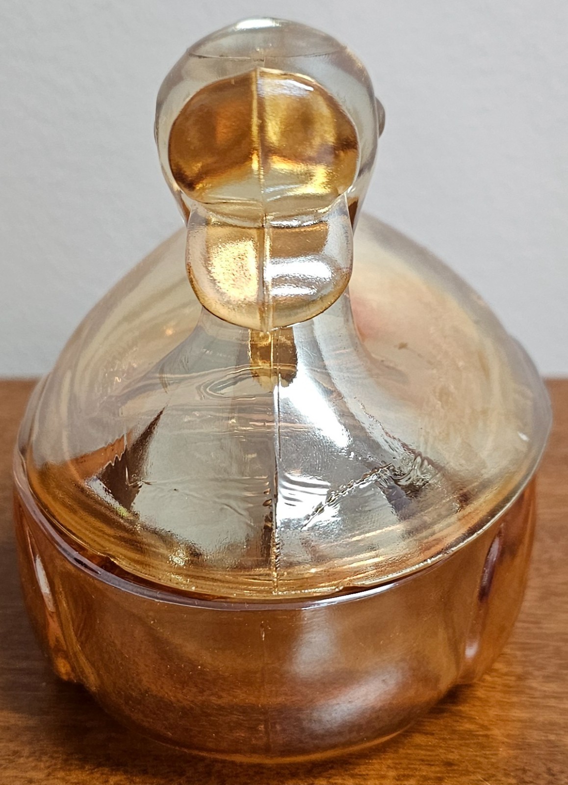 Vintage Jeannette Marigold Carnival Glass Duck On A Nest Candy Dish