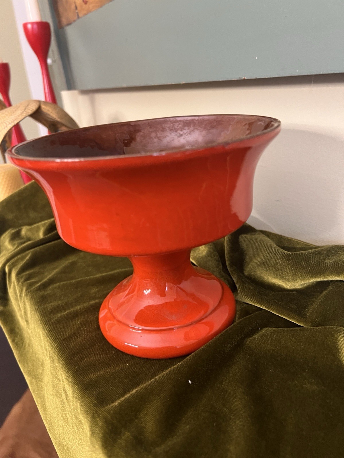 Frankoma F52 Red Pedestal Centerpiece Bowl Compote, Signed Art Pottery