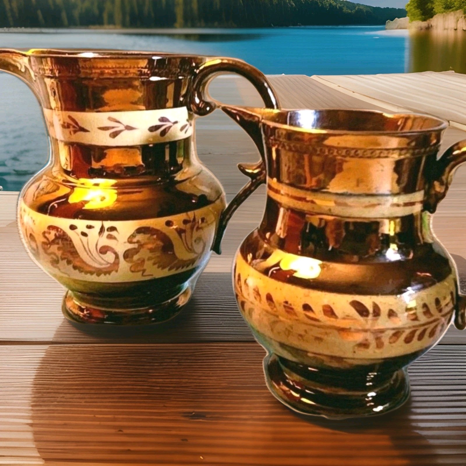 2 English Copper Lusterware Pitchers Staffordshire Pottery 1850-1899 England