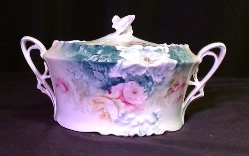 Antique RS Prussia Porcelain 4Pc Hostess Set Tankard, Biscuit Jar, Cream, Sugar