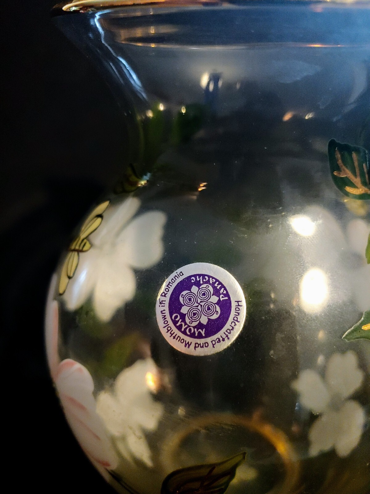 Momo Panache Glass Vase Floral & Bees Art Design Made In Romania 7 1/2”