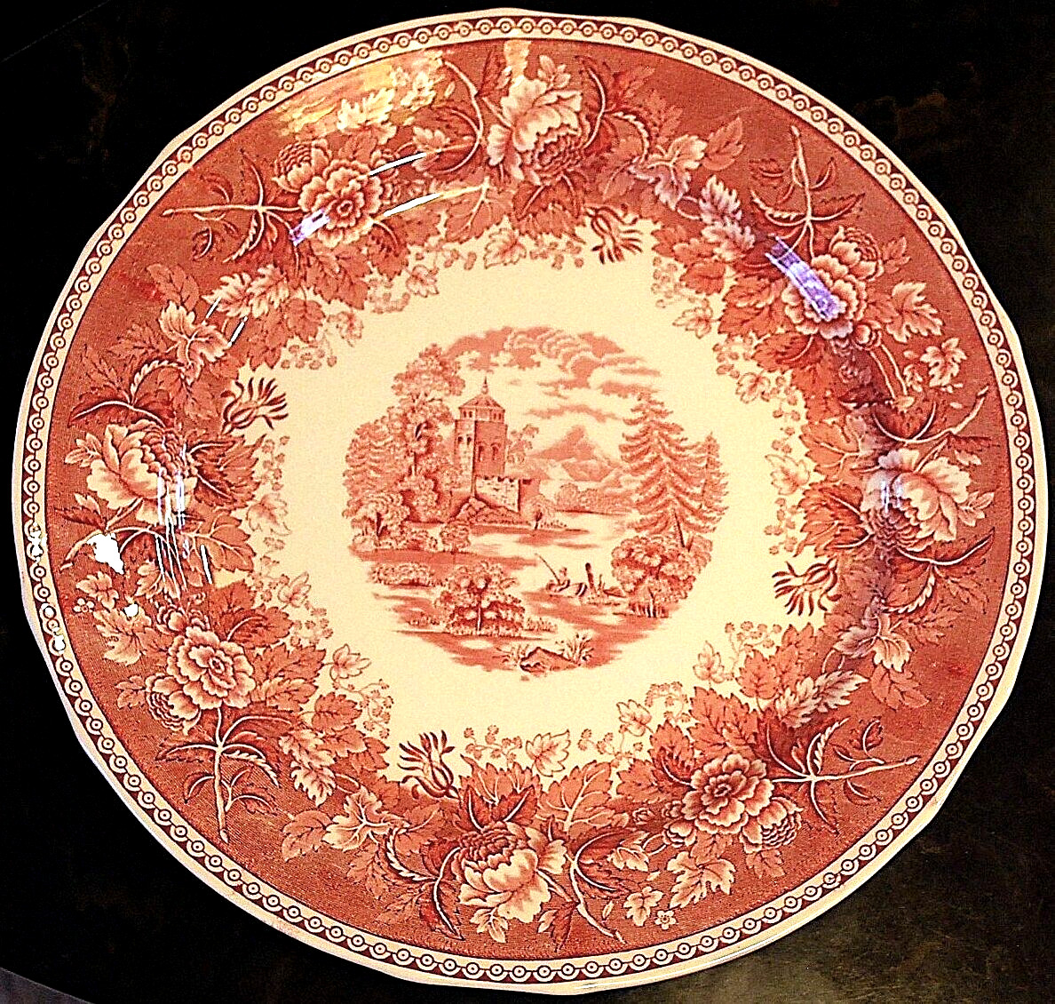 Vtg ‘LANDSCAPE RED’ 14″ Round Chop Plate Platter ARABIA FINLAND Transferware Exc