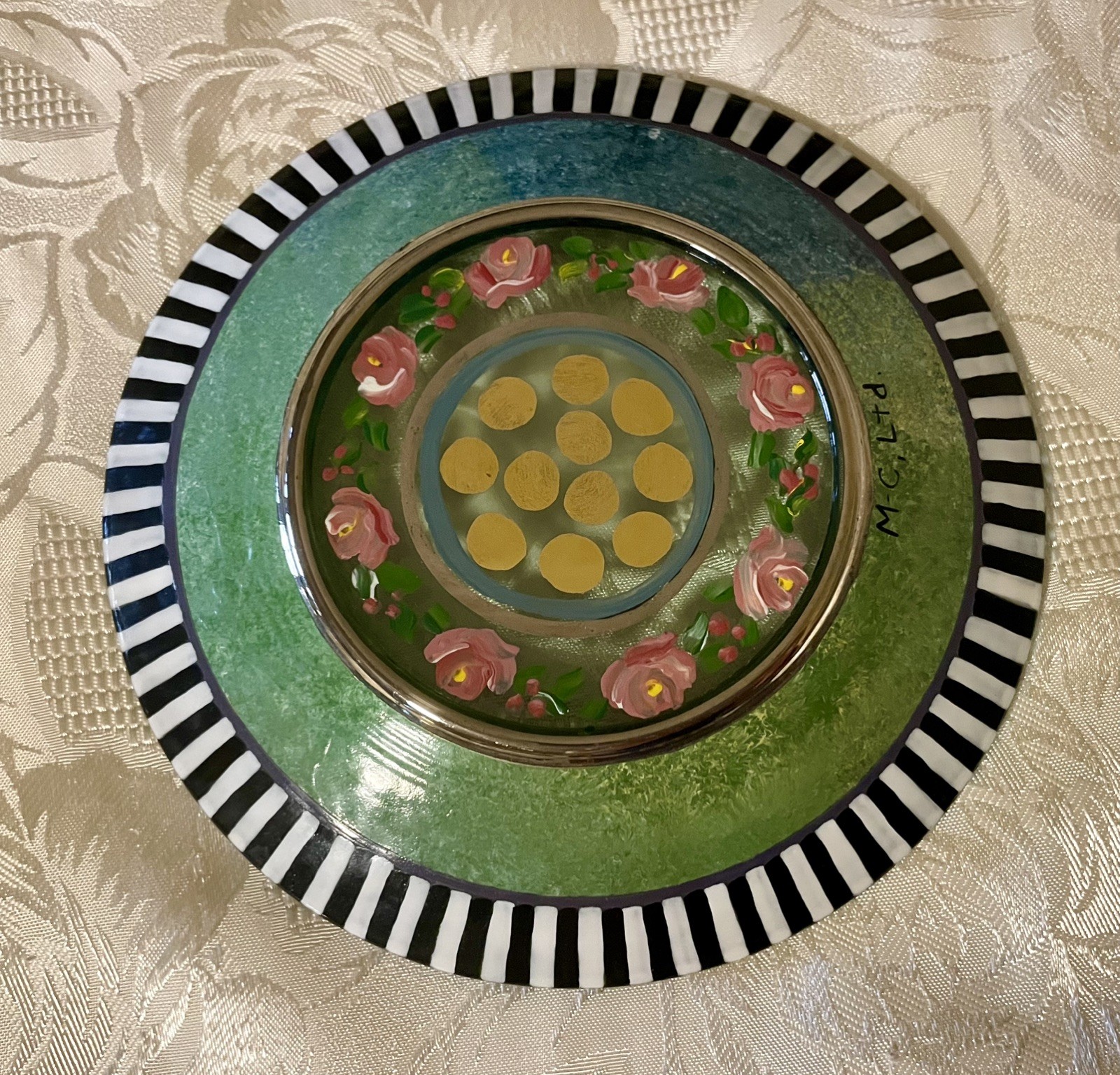 Rare Early MacKenzie-Childs Glass Dessert Plates Rose Garland & Full Bloom. Mint