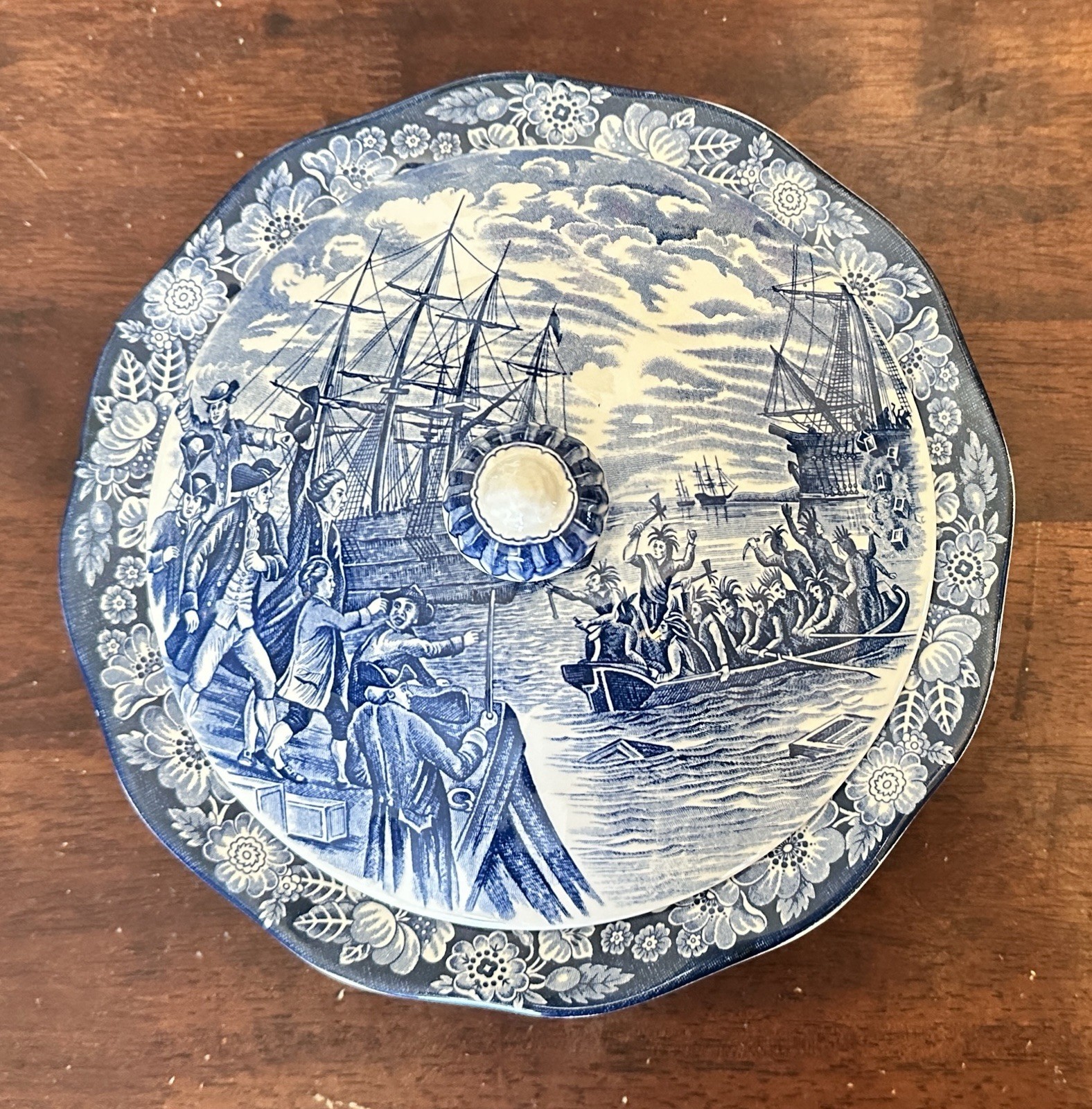 Vintage Liberty Blue Colonial Scenes Staffordshire Boston Tea Party Bowl W/Lid