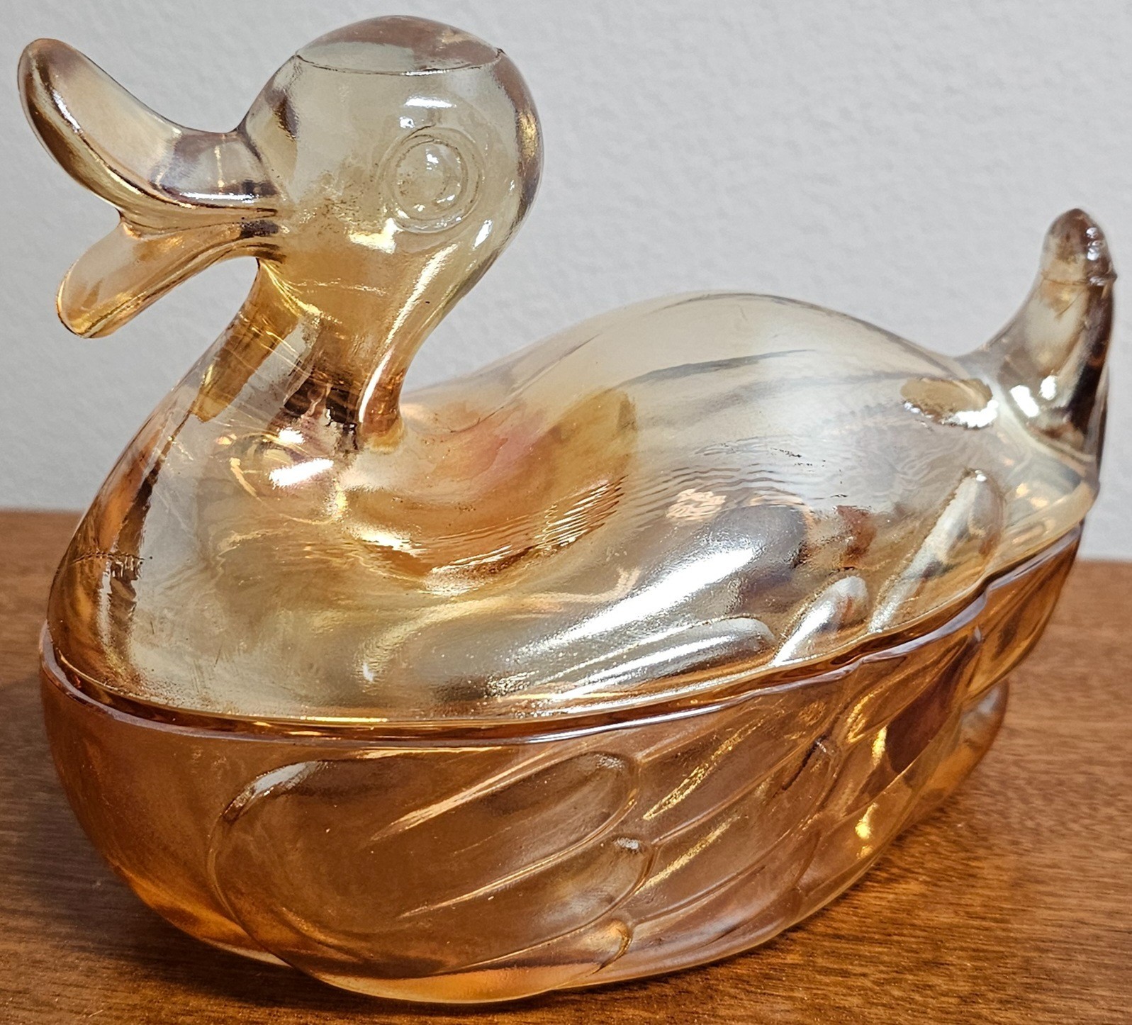 Vintage Jeannette Marigold Carnival Glass Duck On A Nest Candy Dish