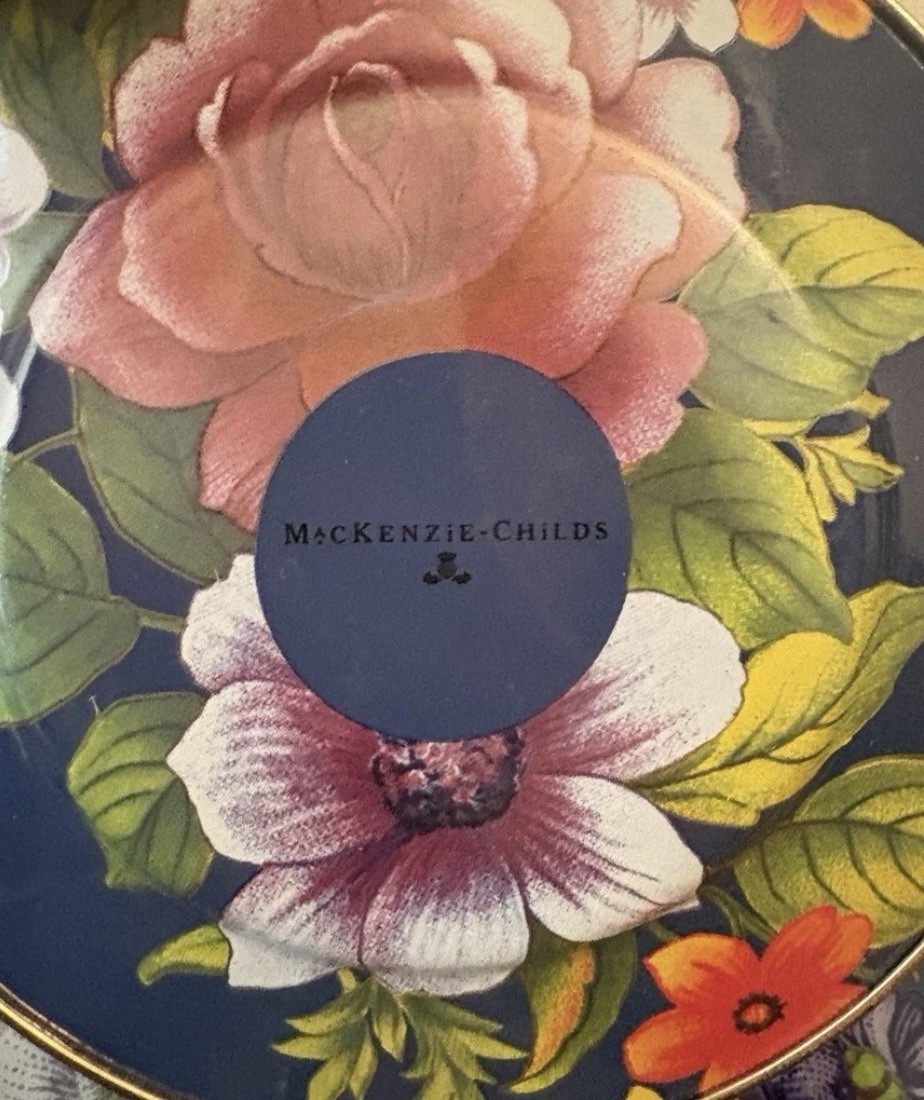 MACKENZIE CHILDs BLUE LAPIS FLOWER MARKET 8″ Enamel PLATES Retired