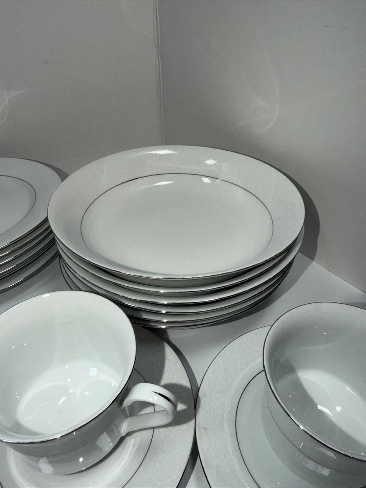 Fine China Set Of 30 Pieces White On White Floral Silver Trim Vintage