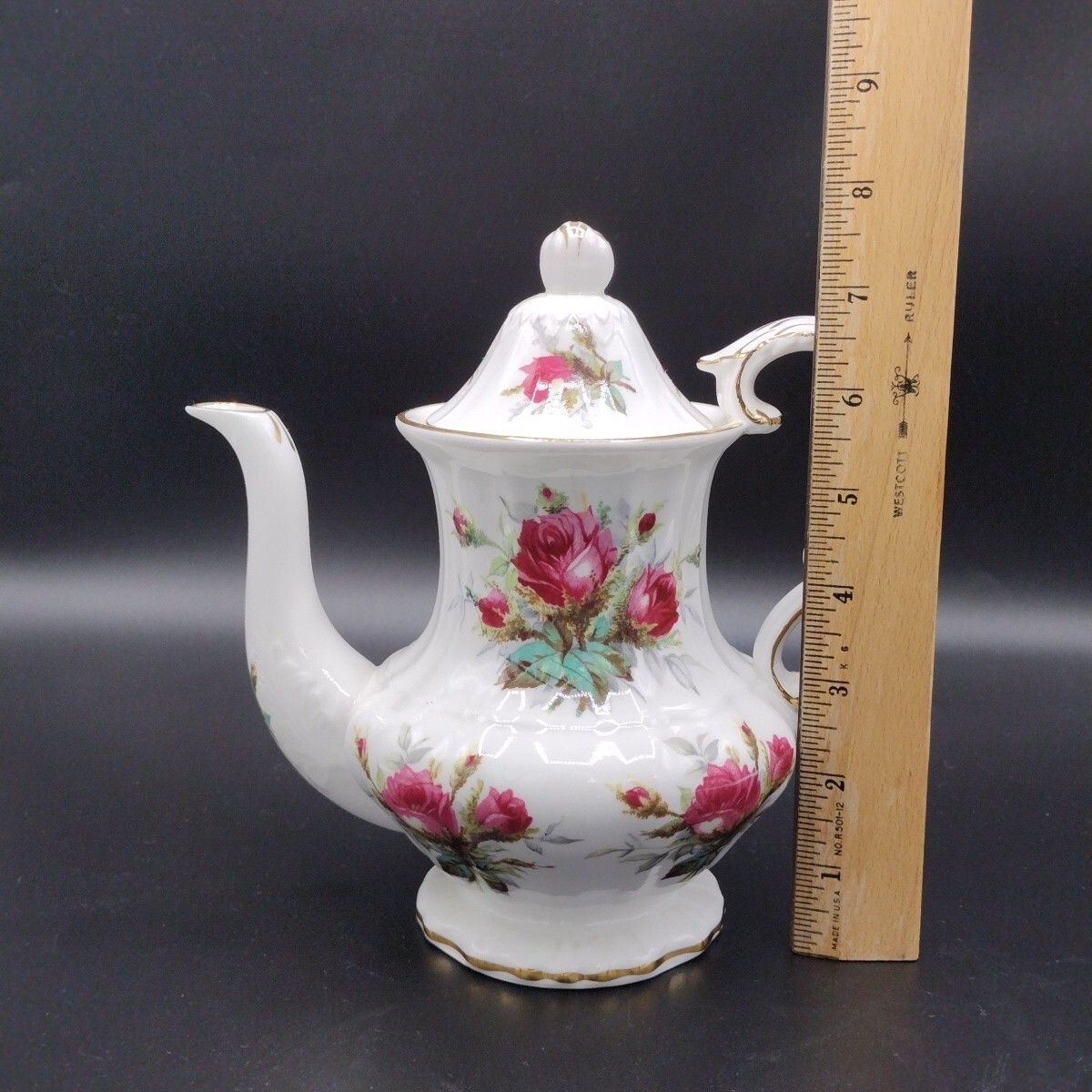 VTG Hammersley Bone China Grand Mother’s Rose Coffee Pot & 2 Flat Cups Gold Trim