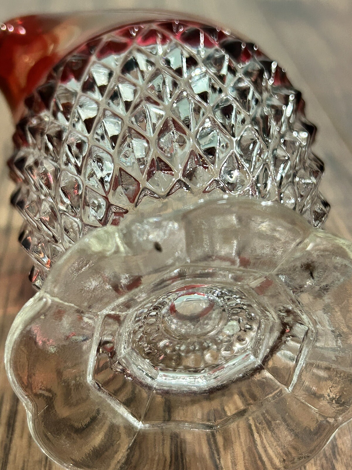 Vintage Indiana Glass Ruby Cut To Clear Creamer And Saucer Set Diamond Point