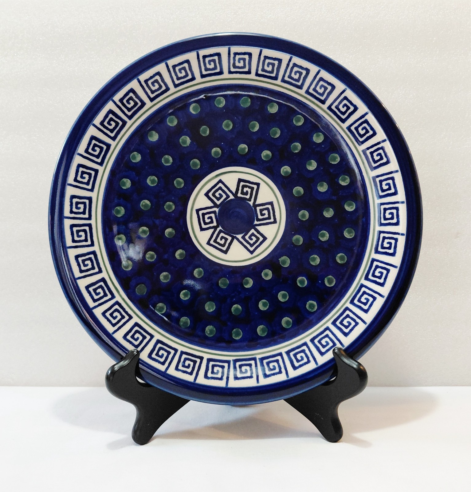 Boleslawiec Dinner Plates 11″ Greek Key Peacock Polish Pottery Blue White Set 4