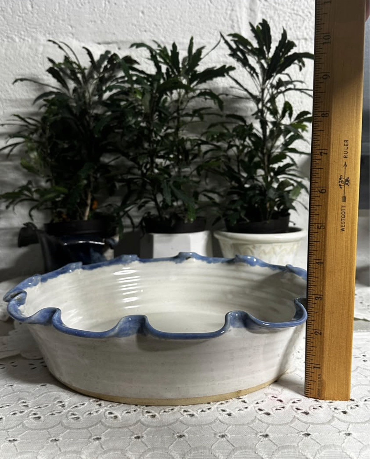 McNeills 1997 Pottery Bowl Blue Ruffled Edge