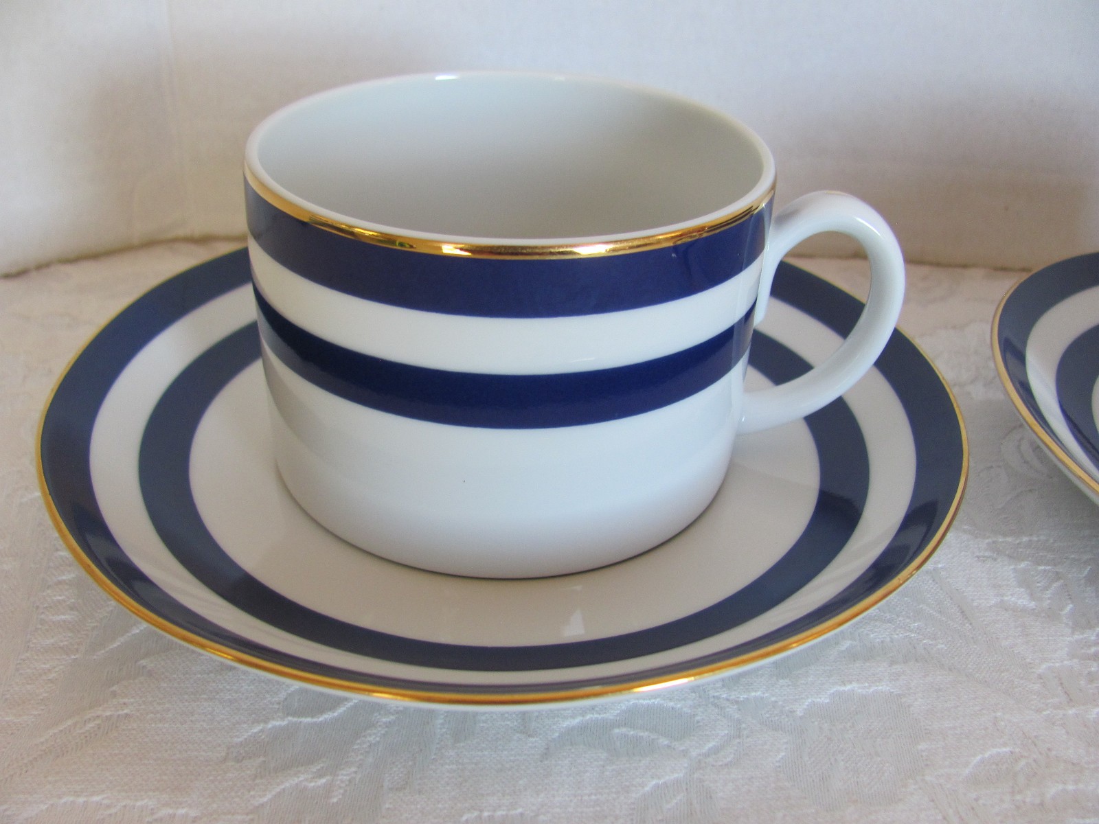 RALPH LAUREN Spectator Cadet-Blue Bands/Gold Trim- 2 Cups & 2 Saucers