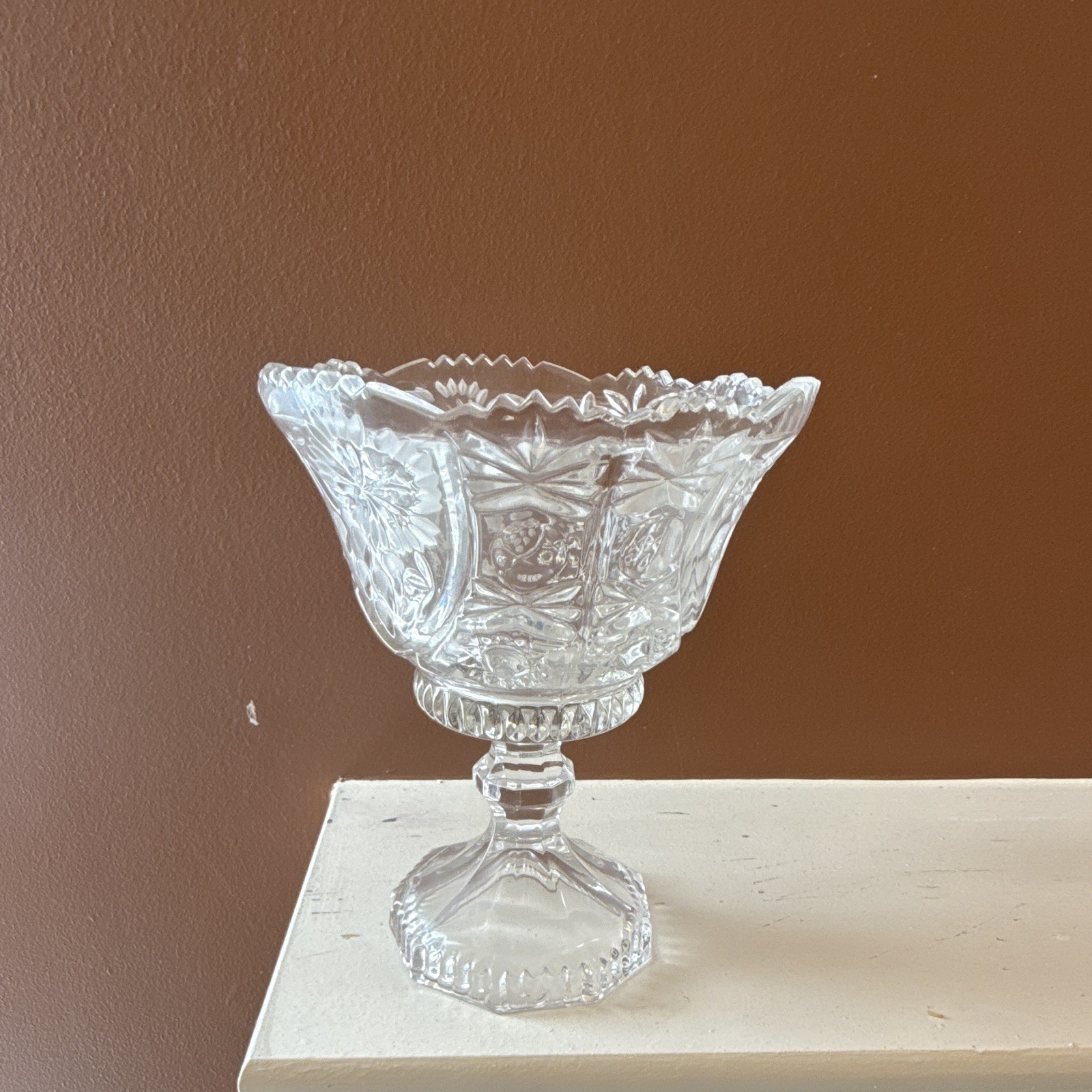 Clear Pressed Glass Starburst Pedestal Compote Bowl, Round, Scalloped Rim