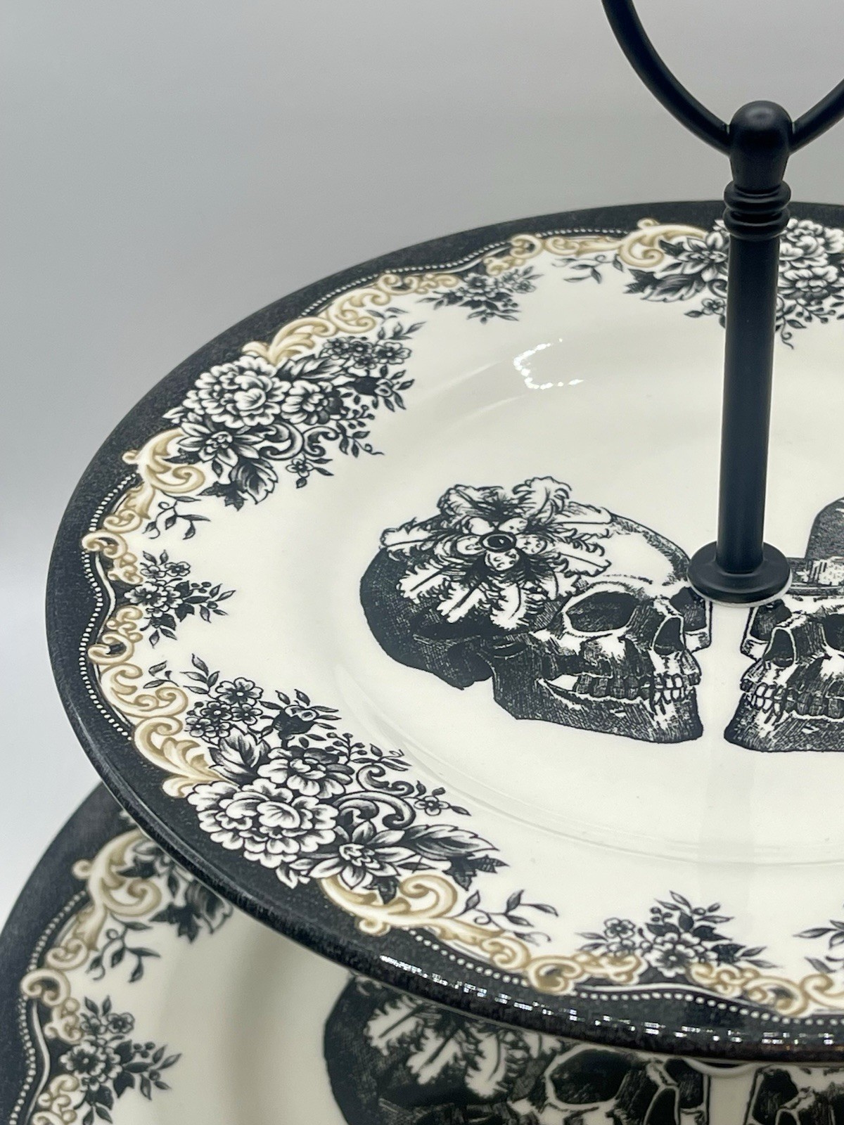 Royal Stafford Halloween Gothic Skull Couple 2 Tier Serving Tray Stand Handmade