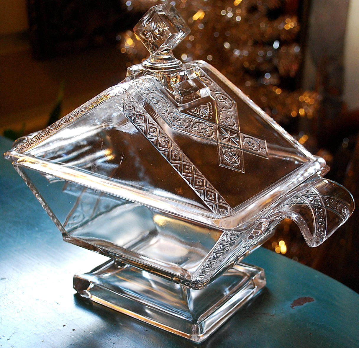 RARE Antique RIVERSIDE JERSEY LILY Pressed Glass FOOTED COMPOTE W LID 1883 10.5″
