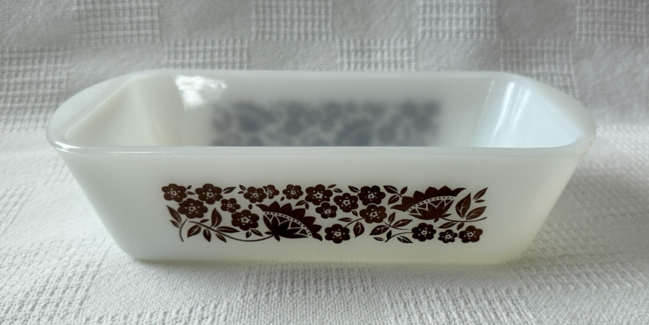 Vintage White Glasbake Baking Dish Loaf Pan J-522 Brown Floral Pattern 1.5 QT