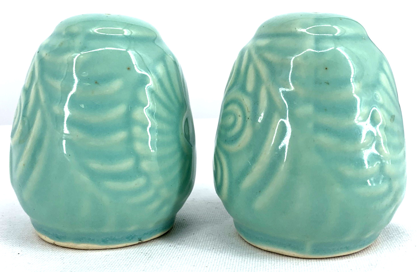 Shawnee Pottery Salt Pepper Shakers Aqua Blue Turquoise Flower Fern 3” Embossed