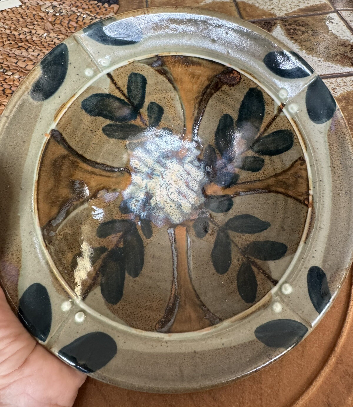 Studio Pottery Bowl Glaze Pinch On 4 Sides Handmade 8.25”D