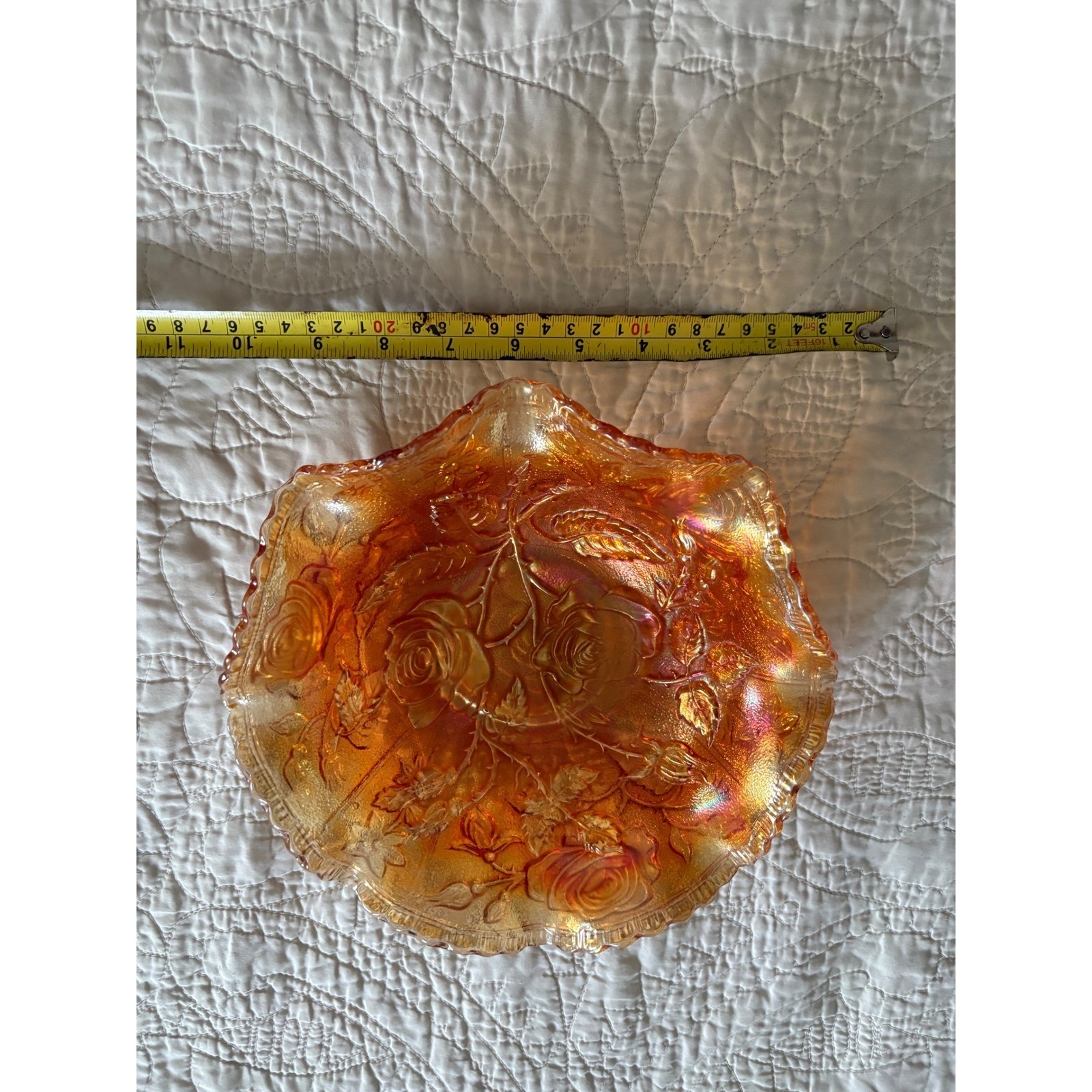Vintage Imperial Glass American Beauty Embossed Rose Open Marigold Lustre 1950s