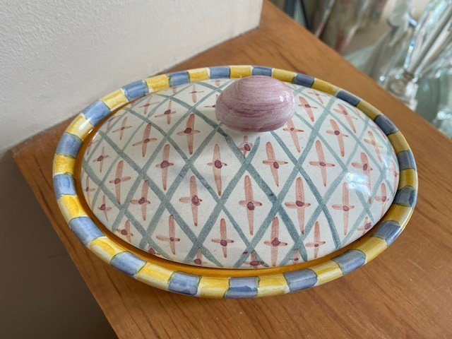 Vintage Mackenzie Childs MONET Ceramic Chowder Bowl w/ Lid Stripes Dots