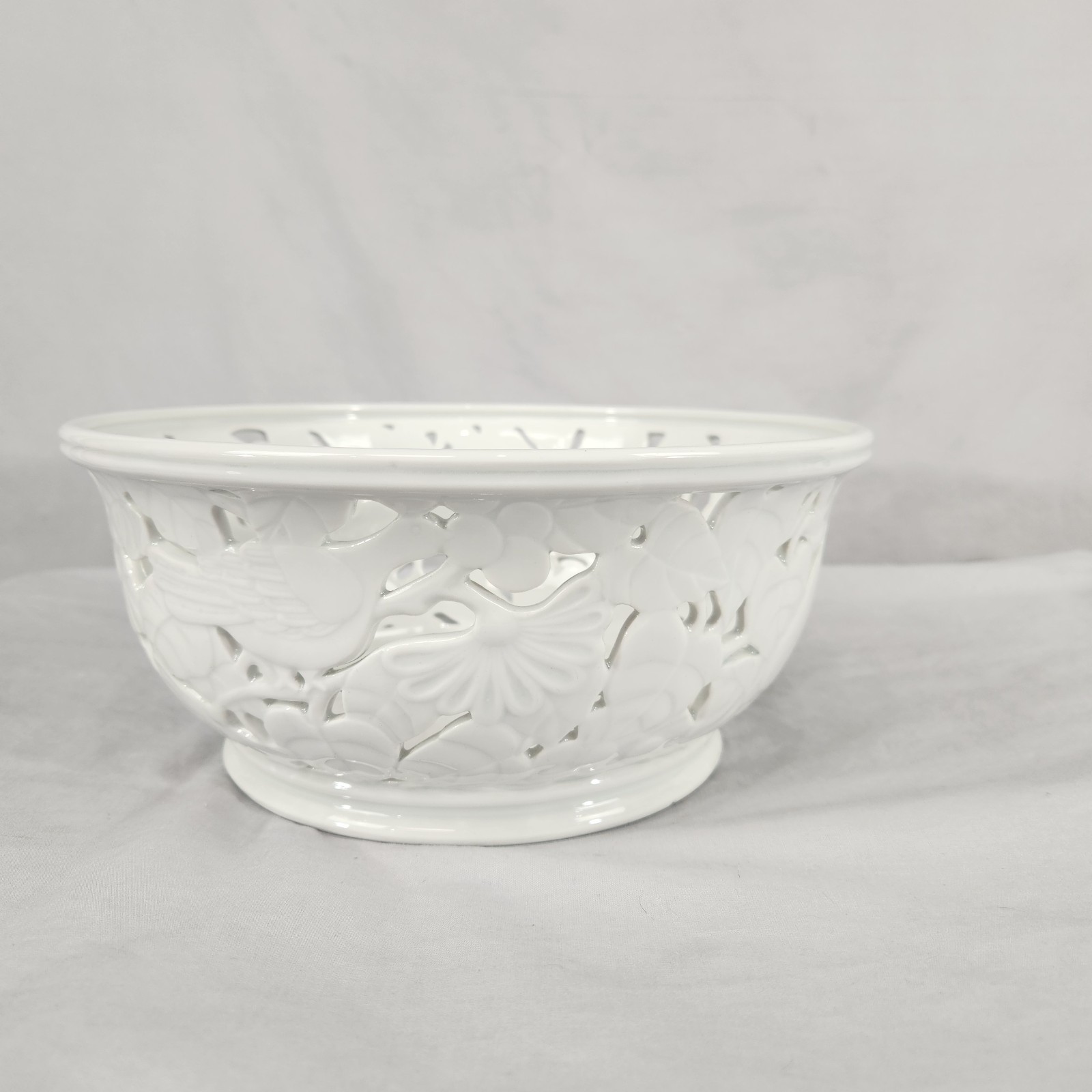 Vintage Pacific Rim Ceramic Bowl Filagree White Birds Fruit Leaves Cottage Farm