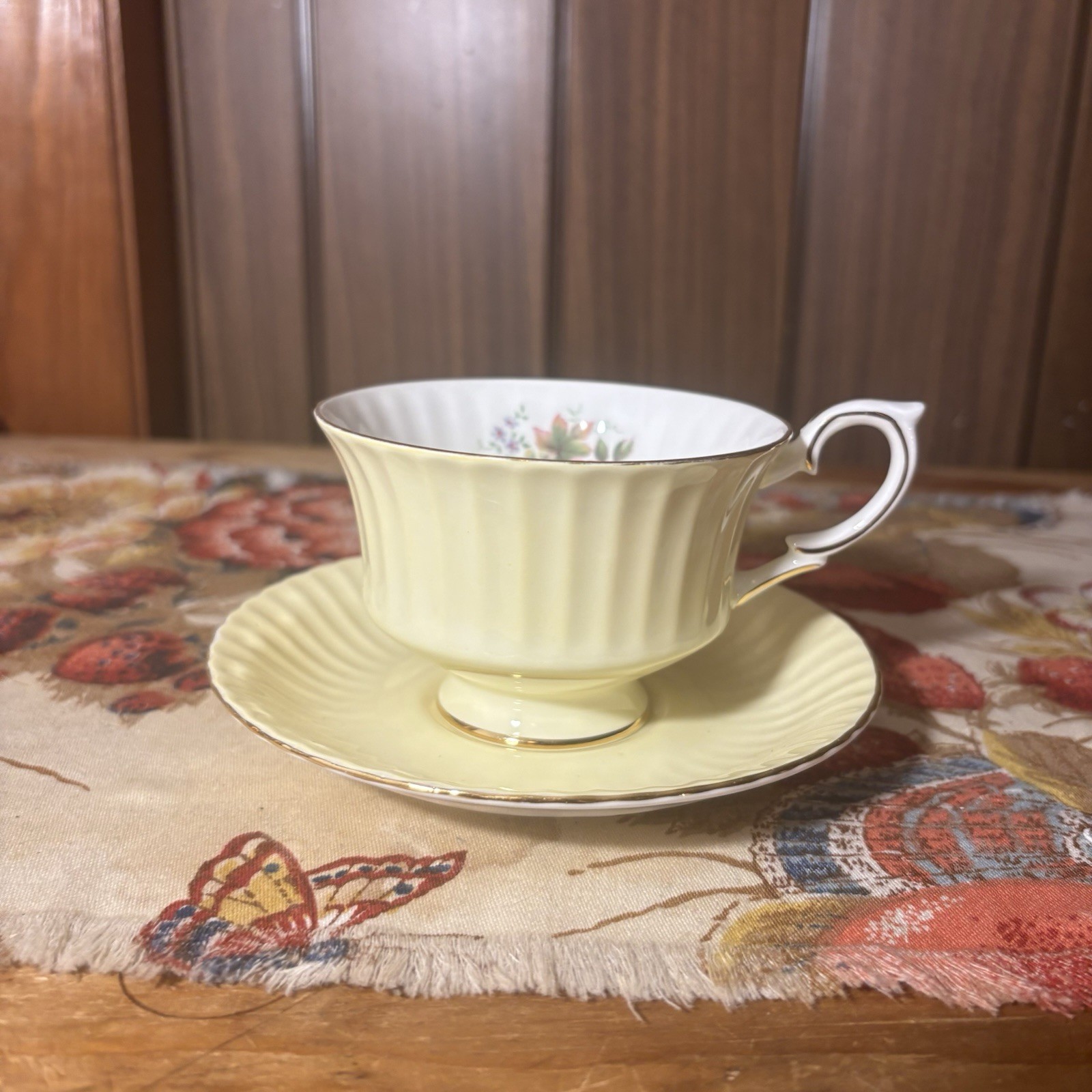 Paragon Tea Cup and Saucer 40s Pale Yellow With Pink Rose And Fruits Vintage