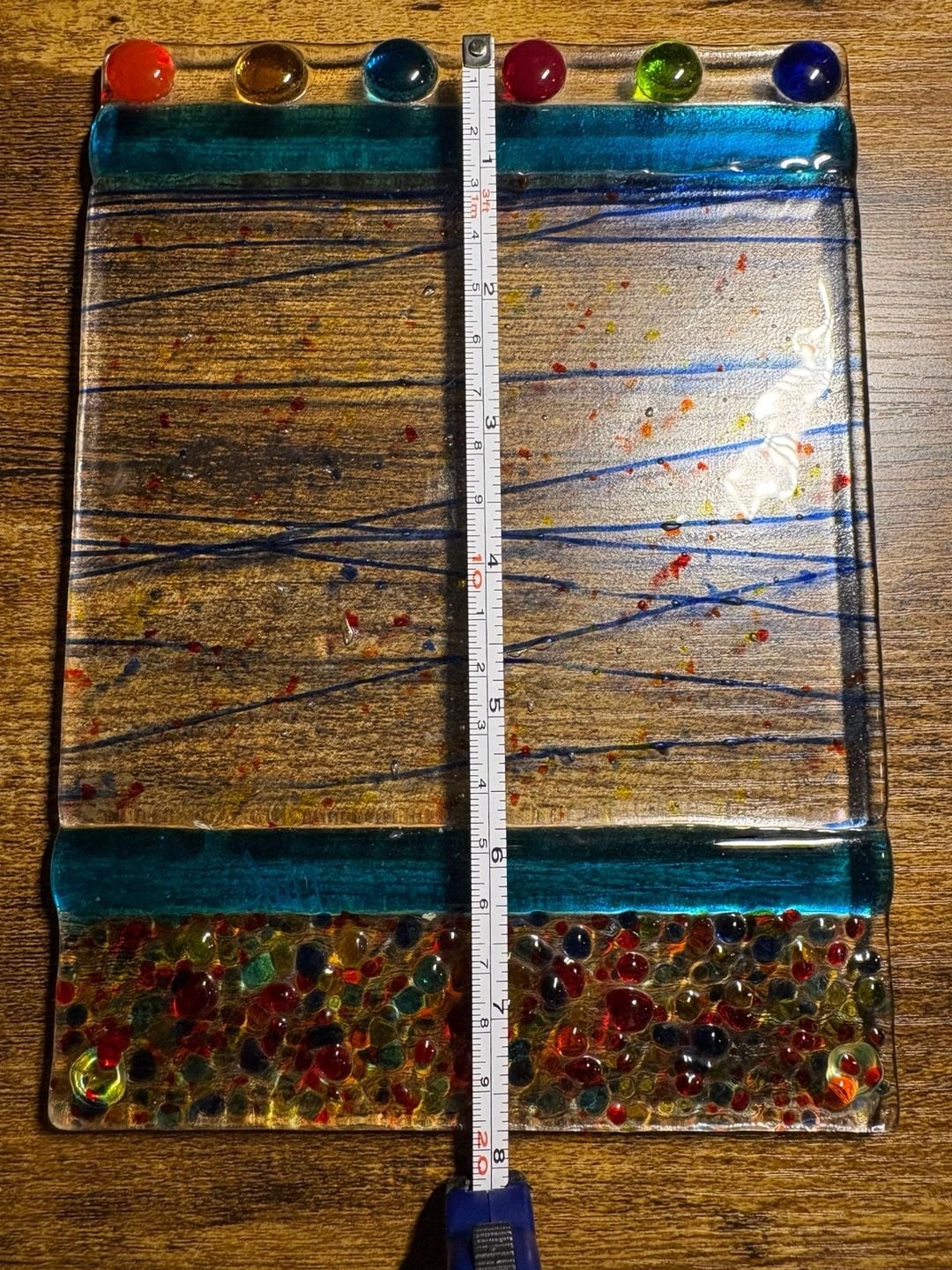 Fused Art Glass Rectangular Serving Tray with Rainbow Dots, Signed by Artist