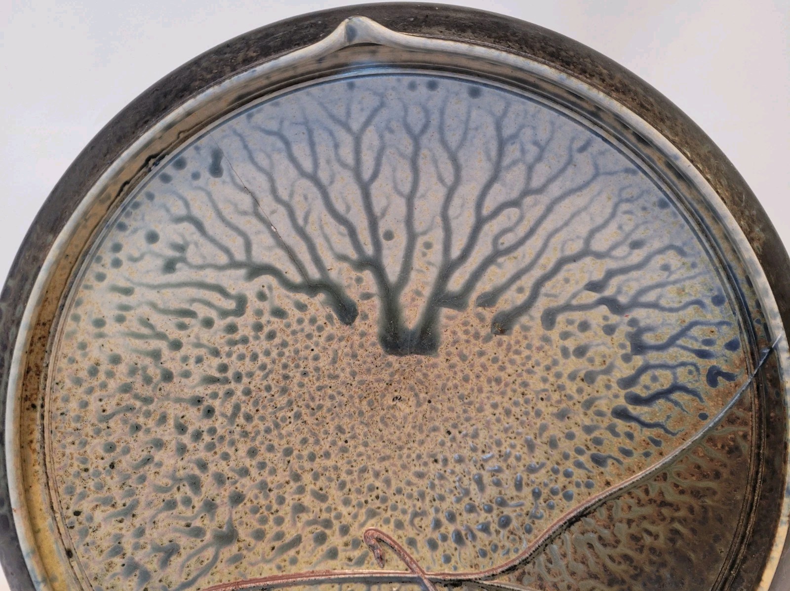 Signed Richard Aerni 1992 Glazed Stoneware Pottery Bowl 13.5″ Diameter, Crack
