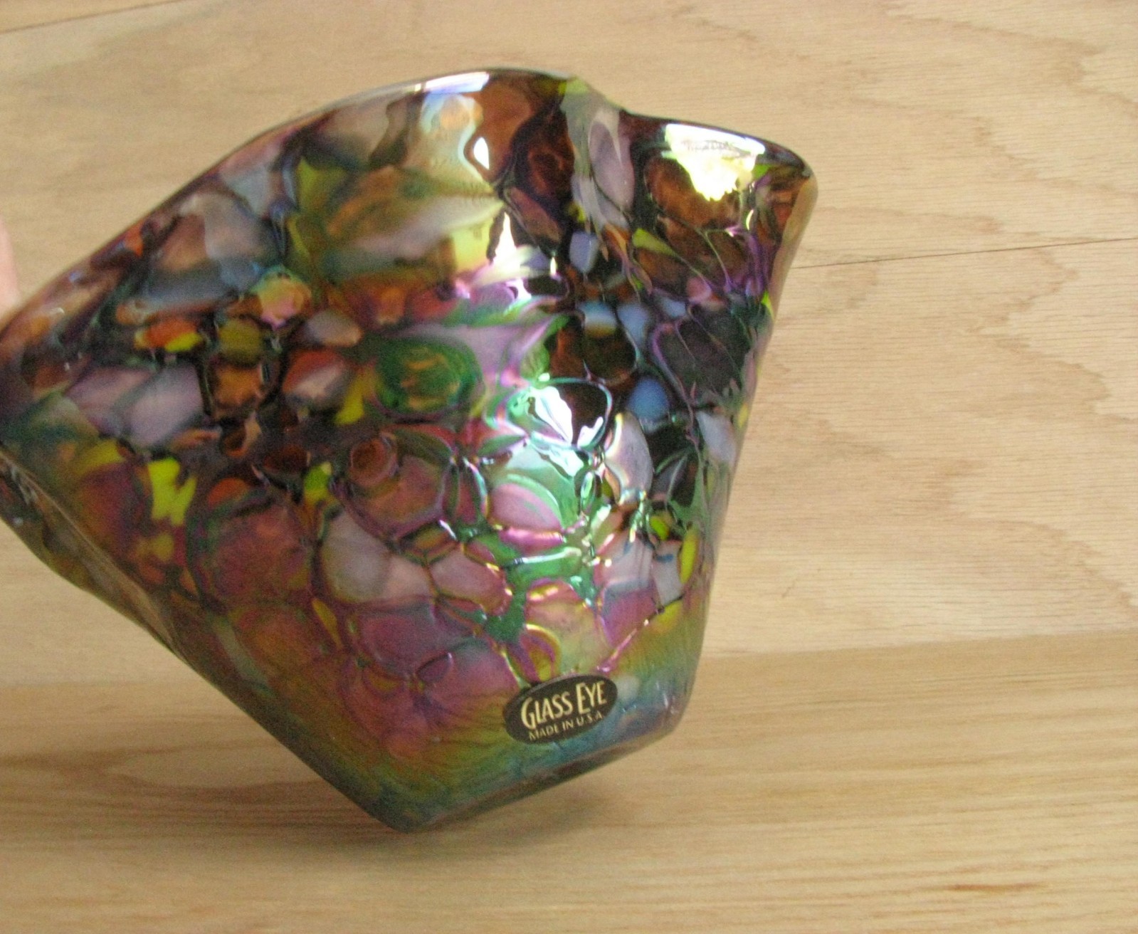 GLASS EYE STUDIO Ruffled Bowl Dish PURPLE GREEN BLUE Iridescent CARNIVAL Mosaic