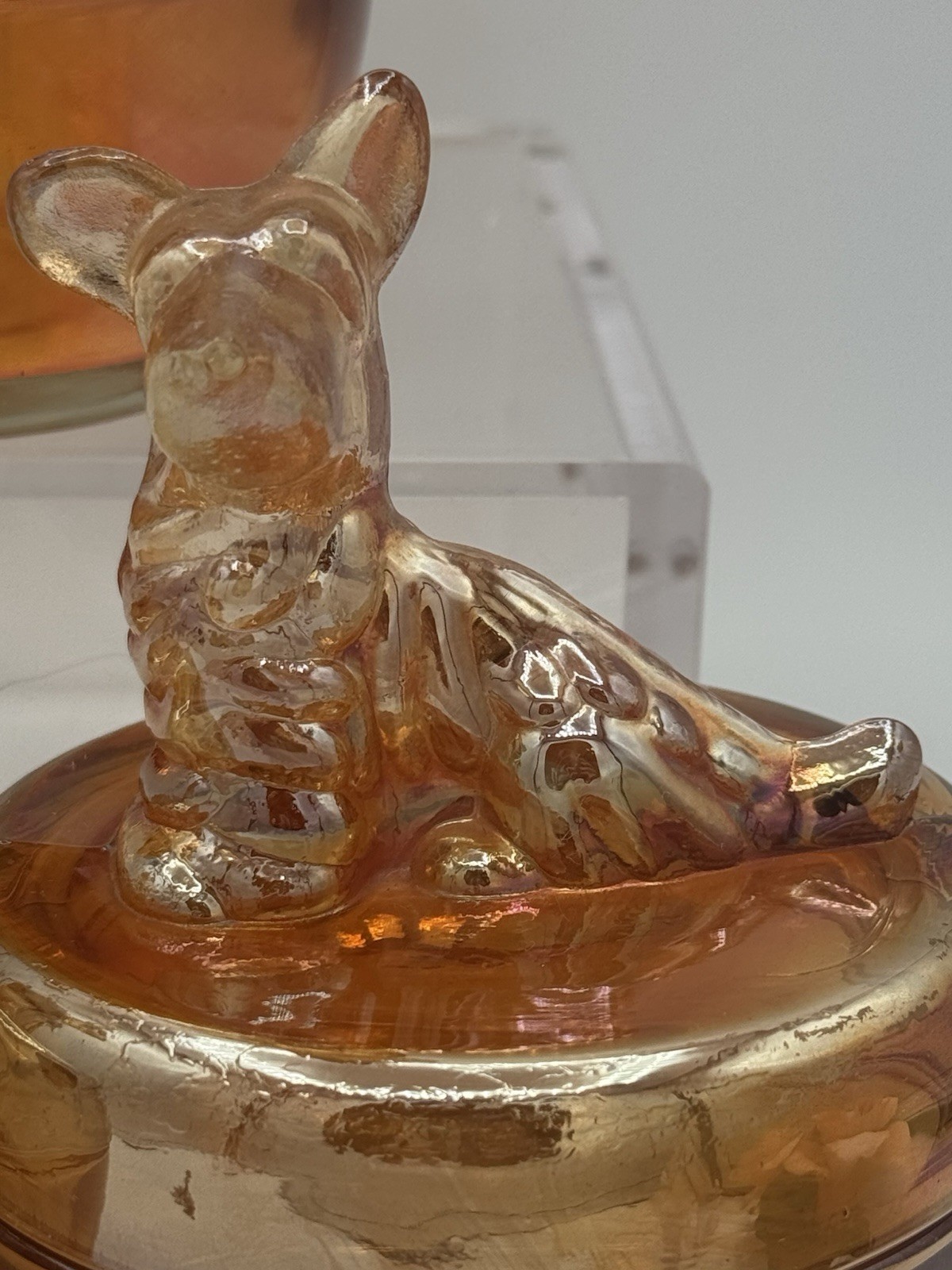 Vtg Jeannette Marigold Carnival Glass Powder Jar Set – Poodle/Deer/Terrier Lids