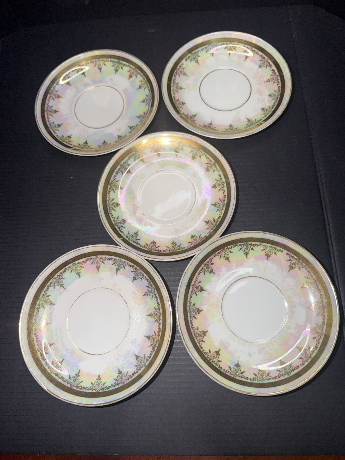 Vintage Bohemia Czech Lustreware Saucers Gold Trim Set Czechoslovakia