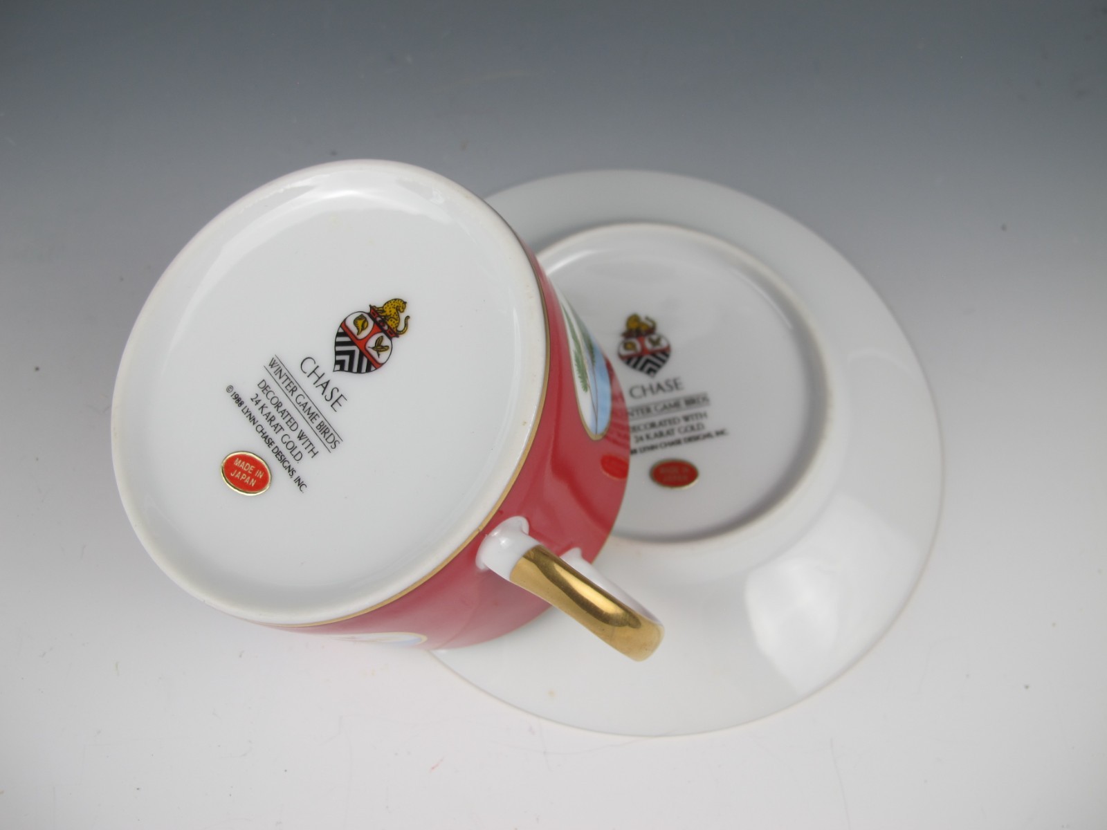 (4) Lynn Chase Winter Game Birds Red Cup & Saucer Sets