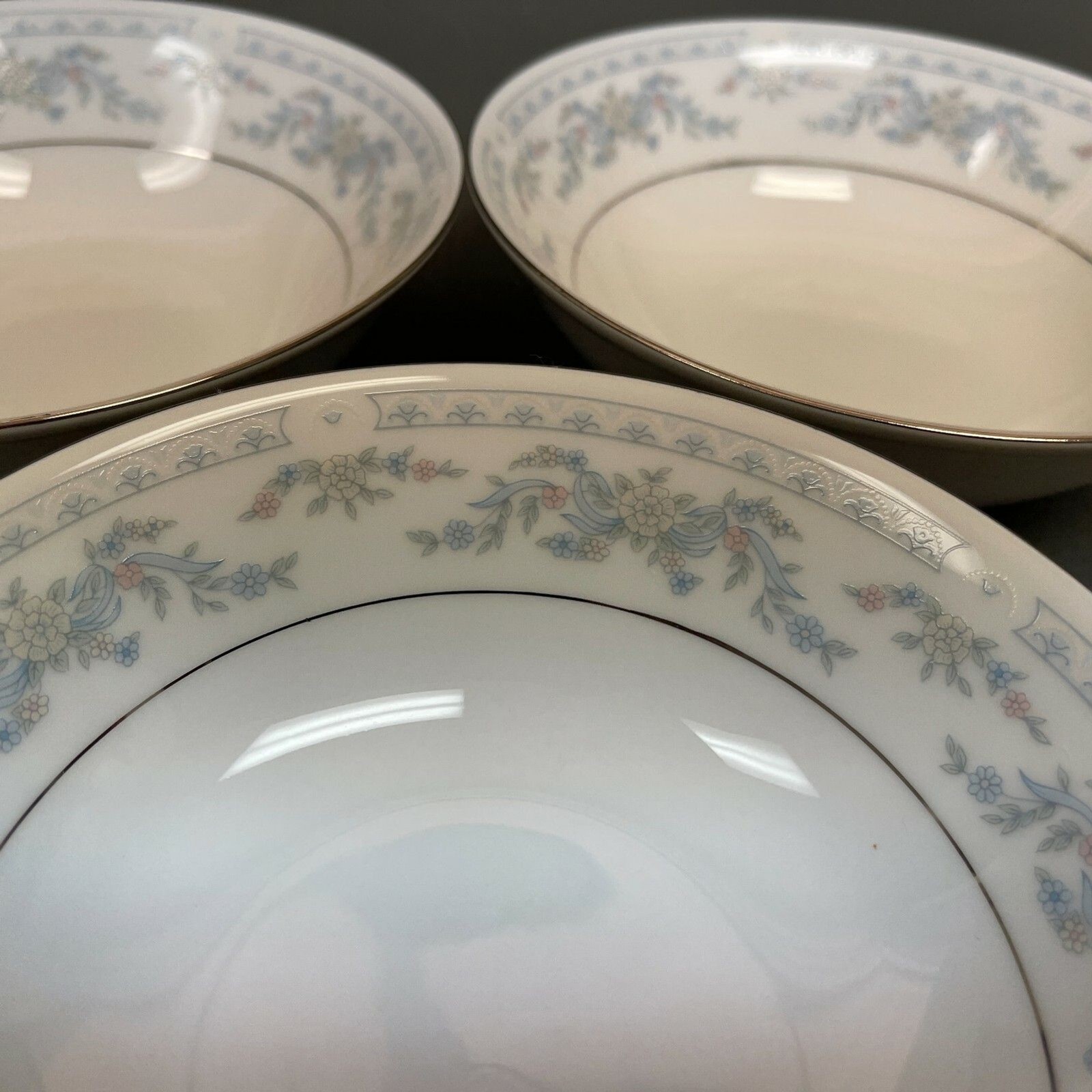 Somerset NL Excel Soup Cereal Bowl Floral White Blue Platinum Trim Lot of 3