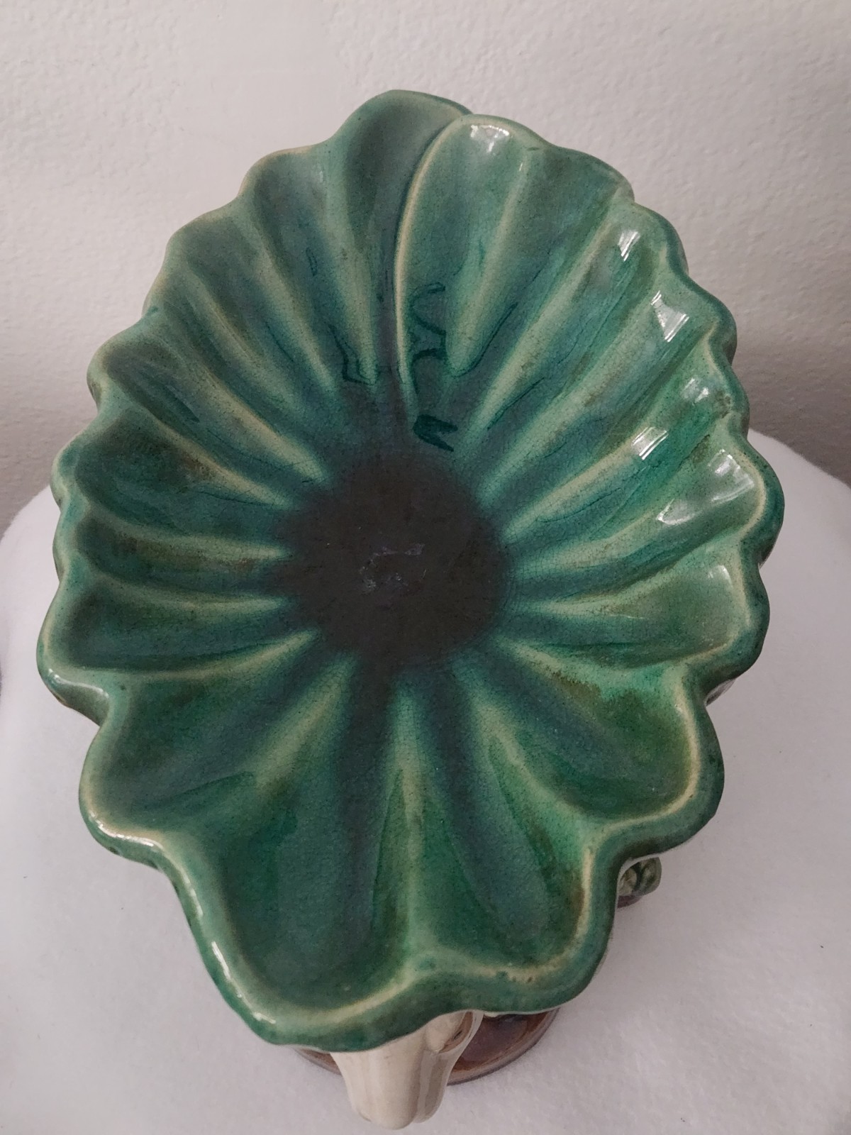 Vtg Majolica Double Rabbit Pedestal Compote Fruit Bowl Centerpiece Easter VGC