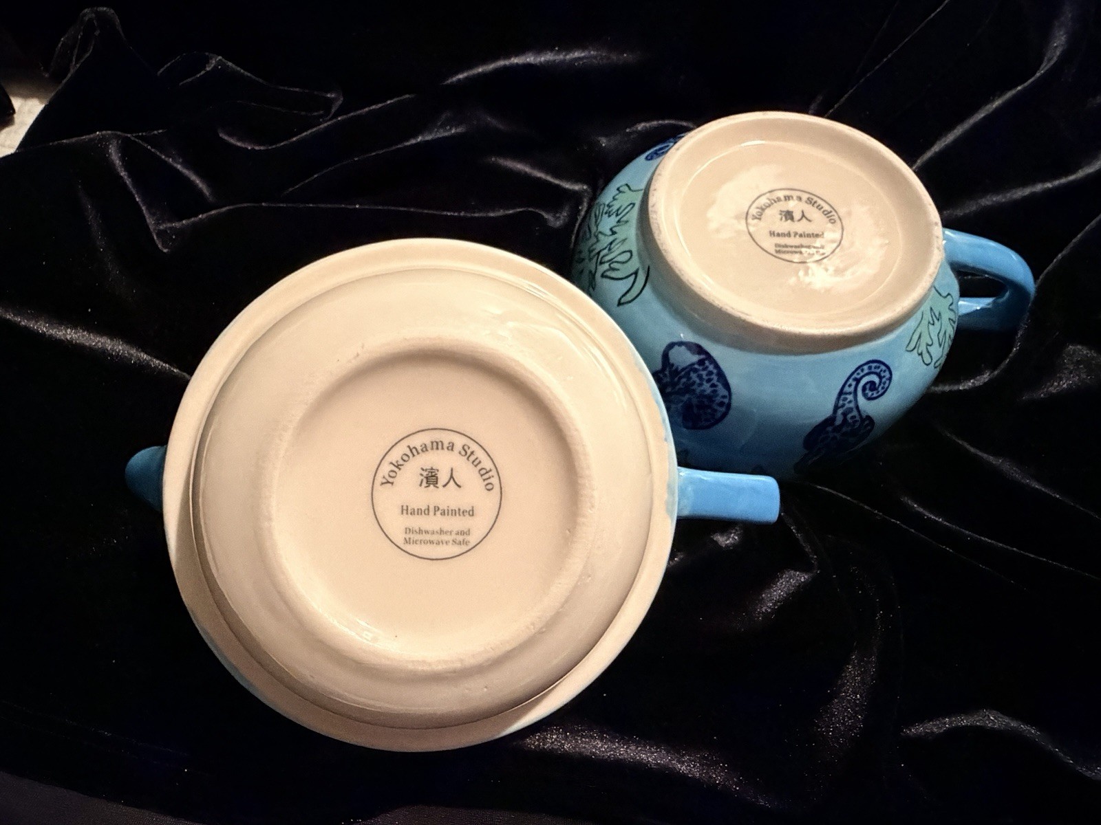 Yokohama Studio Hand Painted Seahorse Teapot & Cup Blue Coastal Ceramic