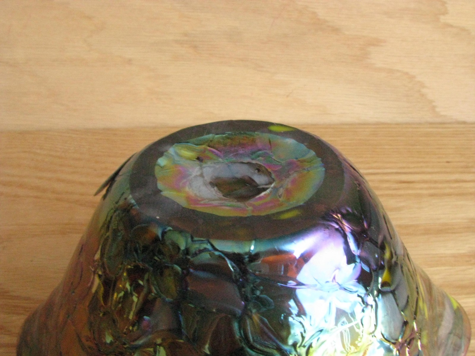GLASS EYE STUDIO Ruffled Bowl Dish PURPLE GREEN BLUE Iridescent CARNIVAL Mosaic