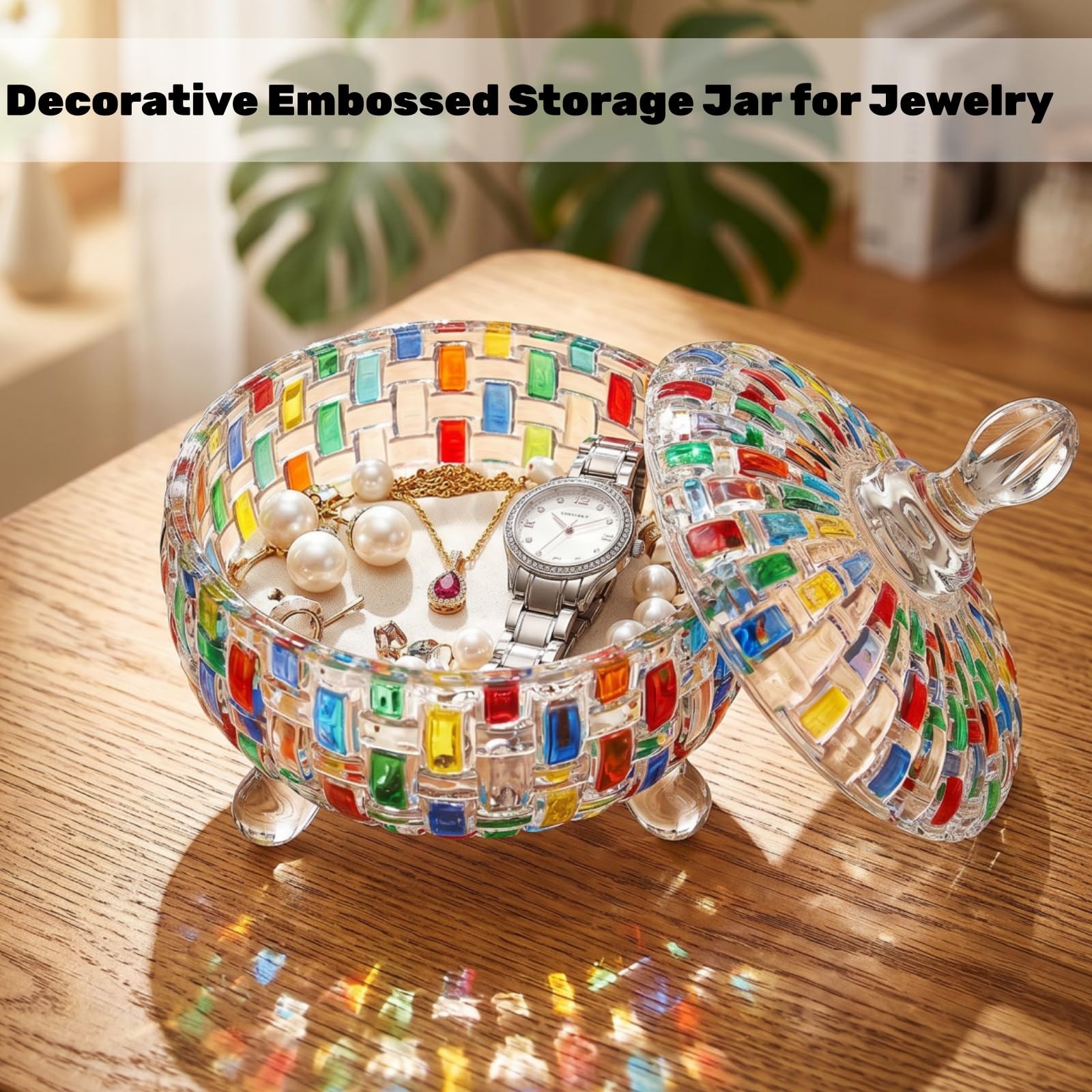 24 OZ Large Glass Candy Dish with Lid, Vintage Colorful Crystal Candy Bowl, D…