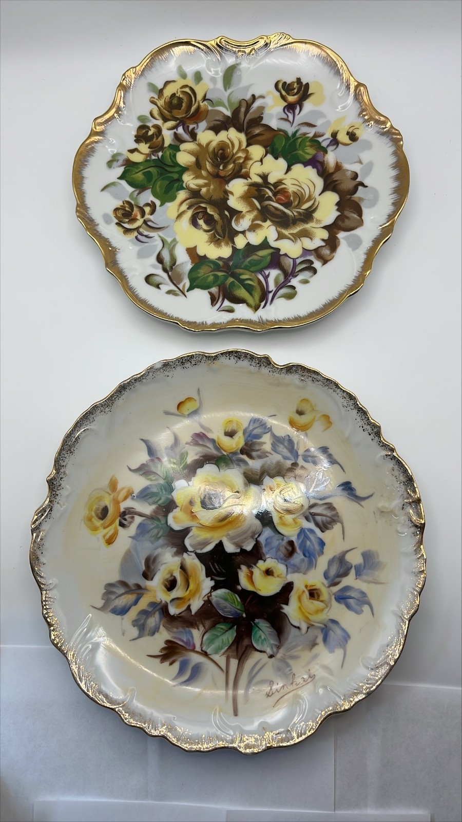 Lot of 2 VTG Brown & Yellow Roses painted & transfer Plates Curated Wall Décor