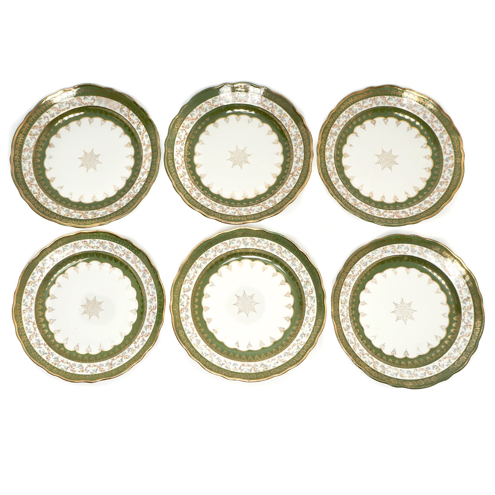 Antique Plates Set of 6- 10 Inch Green Floral Border Gold Trim Austria Stamboul