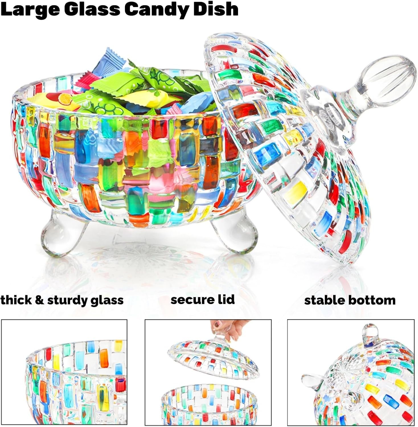 24 OZ Large Glass Candy Dish with Lid, Vintage Colorful Crystal Candy Bowl, D…