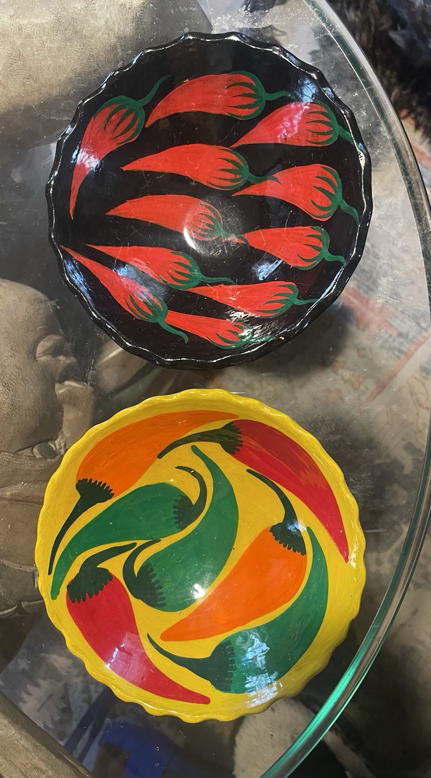 2 Hand Painted Mexican Pottery Red Pepper Lilly Pedestal Dishes 5 1/2 Inches