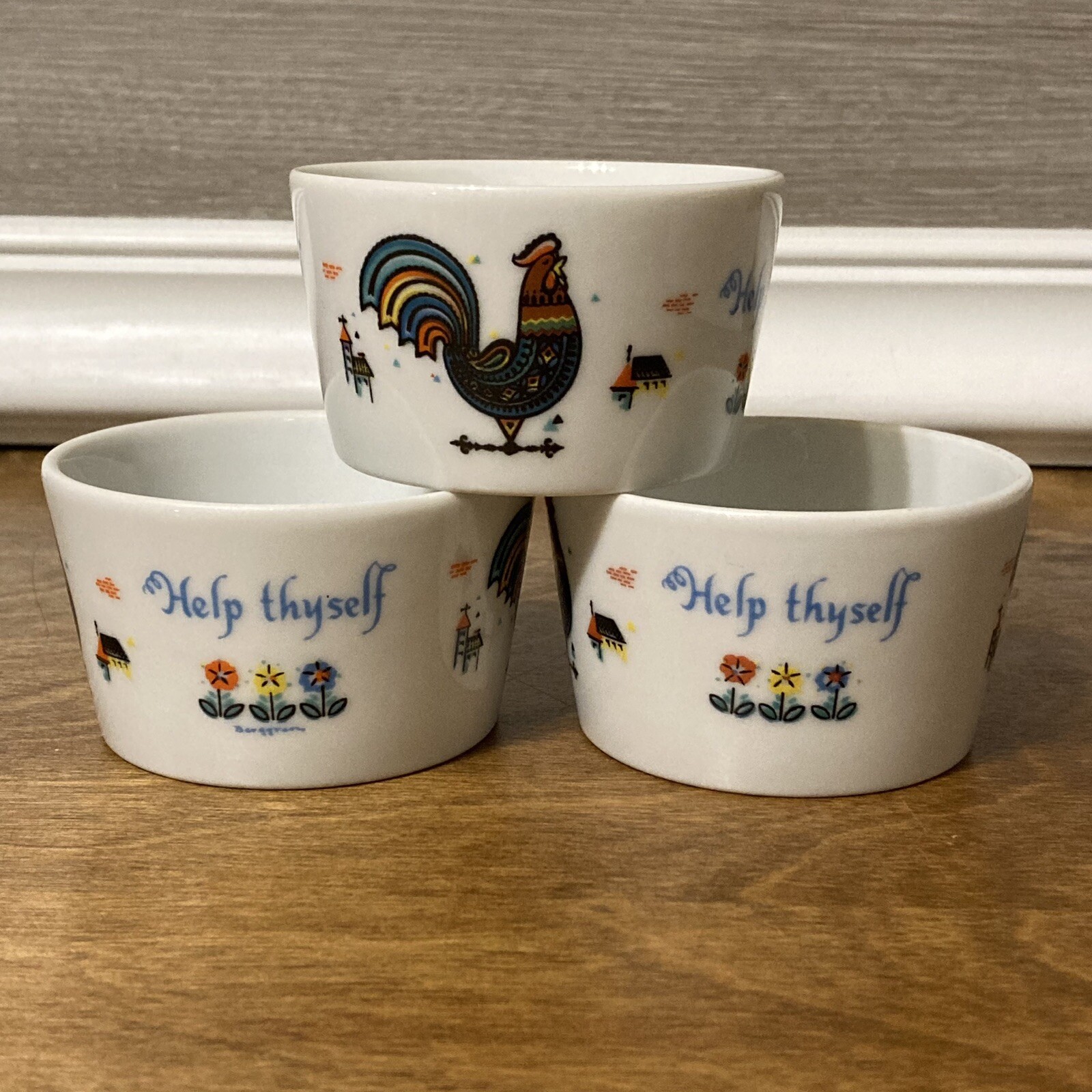 Berggren Rooster Help Thyself Cups Custard Fruit Set Of 3 Scandinavian Vintage