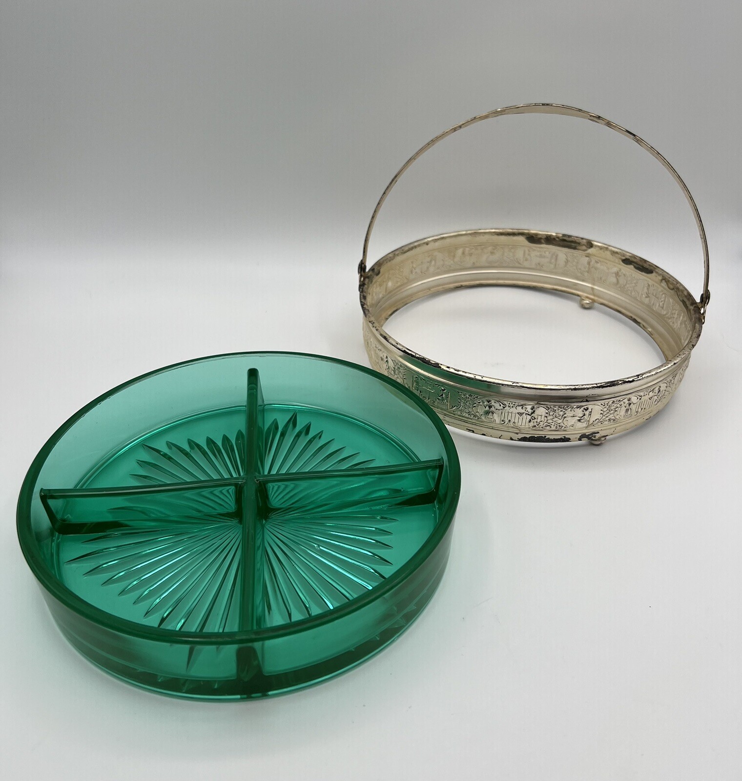 Uranium Glass Emerald Green Divided Relish Nut Dish Metal Silver Basket 8” VNTG