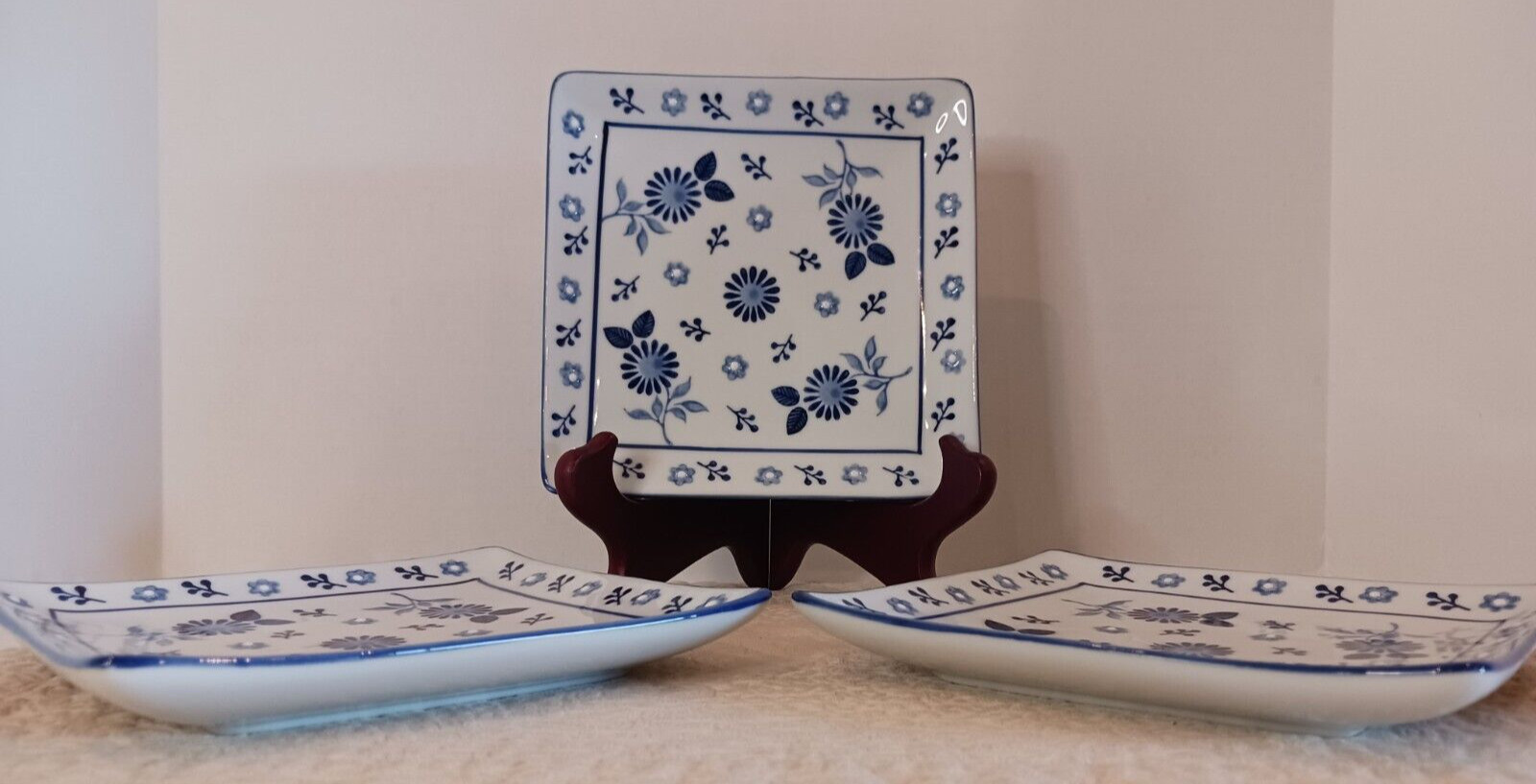Vintage Yokohama Studio Blue & White Hand Painted Sq Plates Set of 3