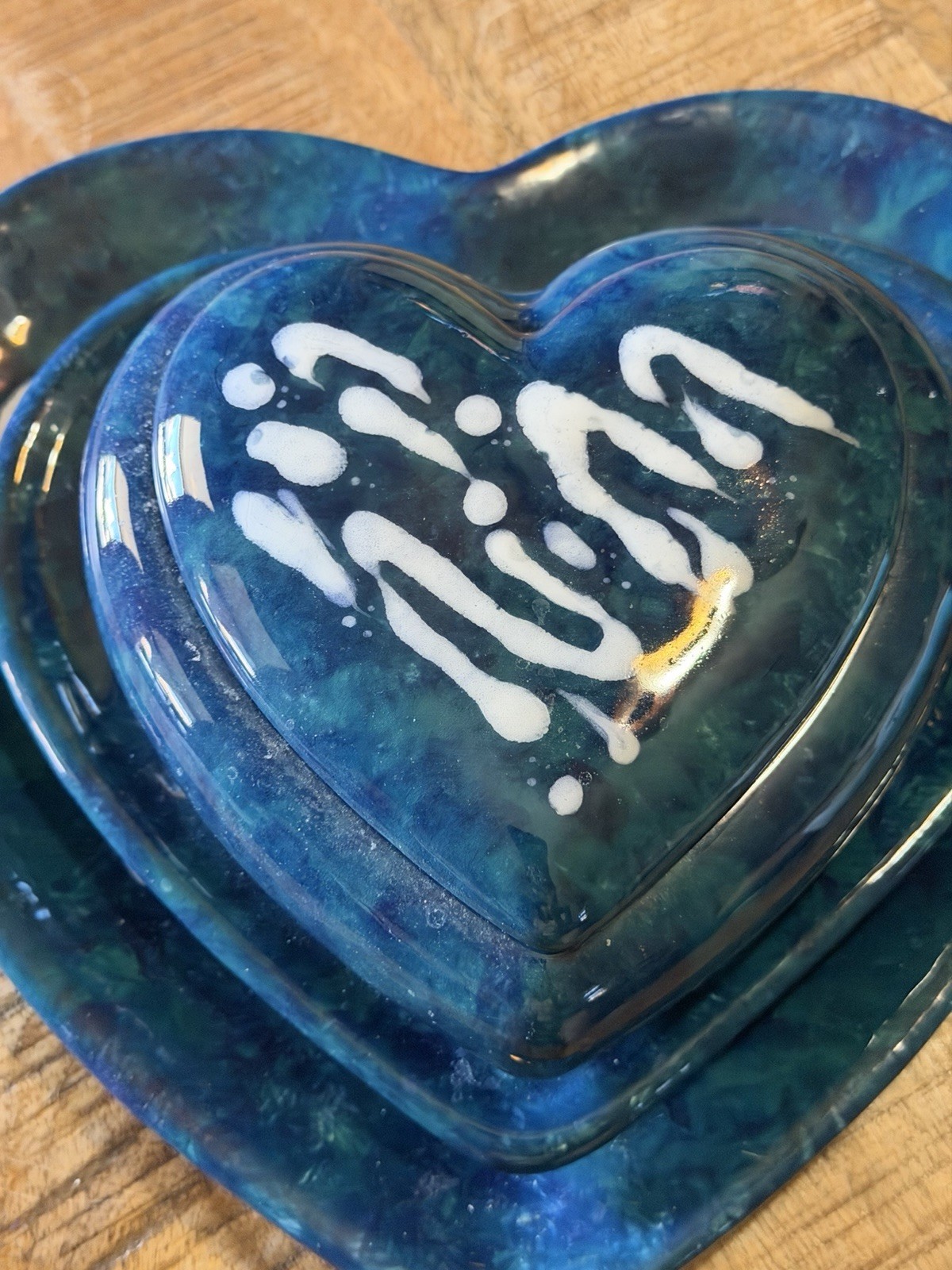 Vintage Handcrafted Four Piece Heart Shaped Blue Green Pottery Plates & Trinket