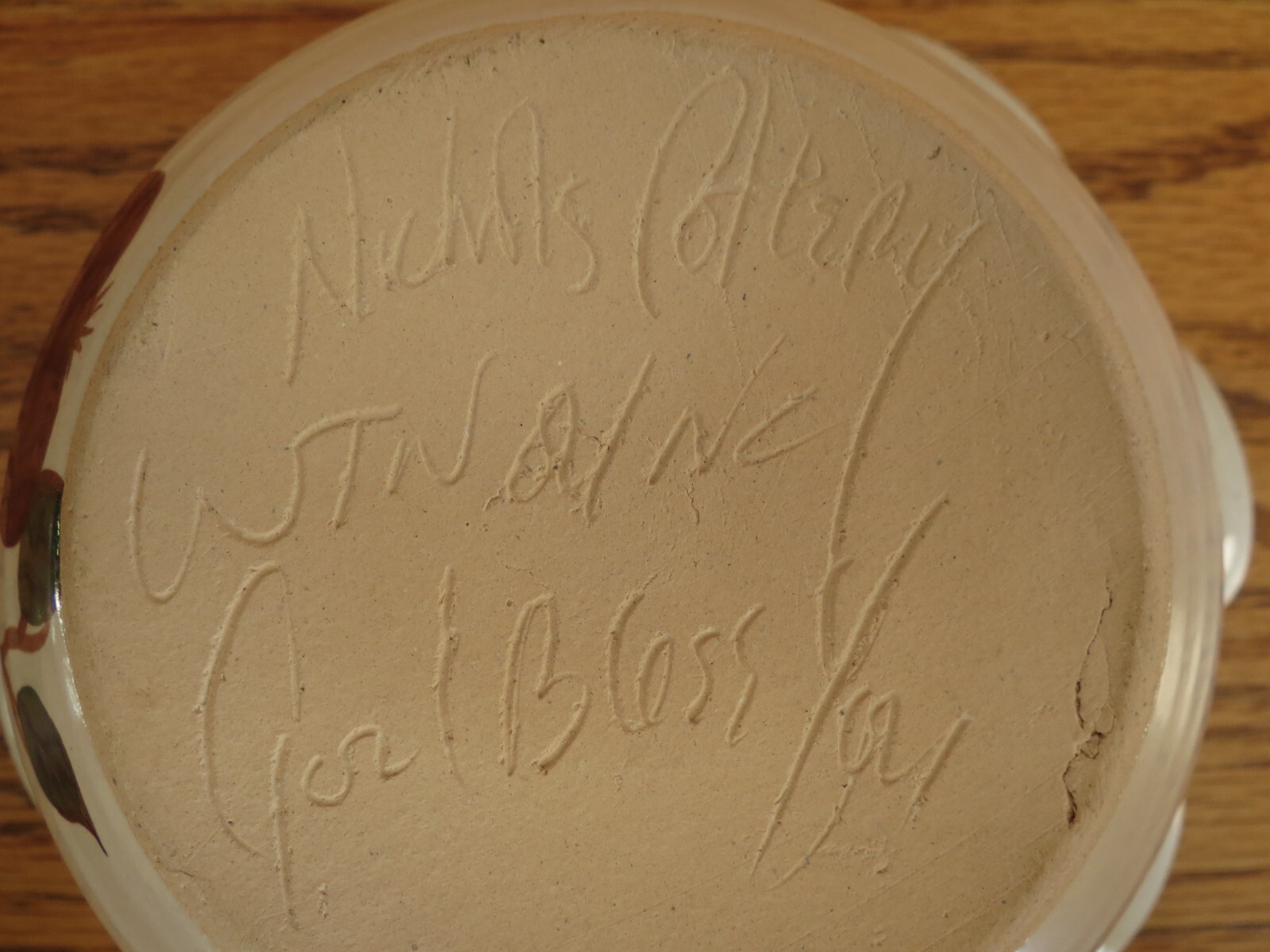 Art Pottery Apple Baker Nichols Studio NC Signed 2001 God Bless You Handmade