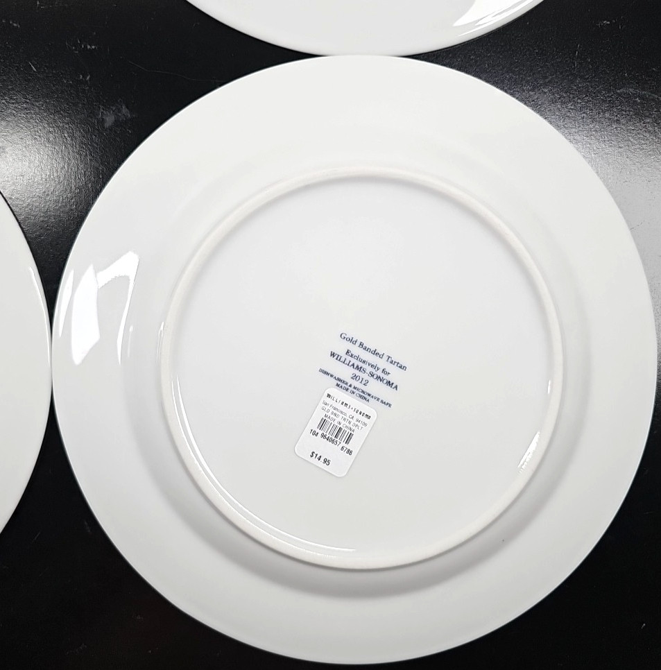 4) Williams Sonoma Gold Banded Tartan Dinner Plates Set Plaid Serving Dishes Lot