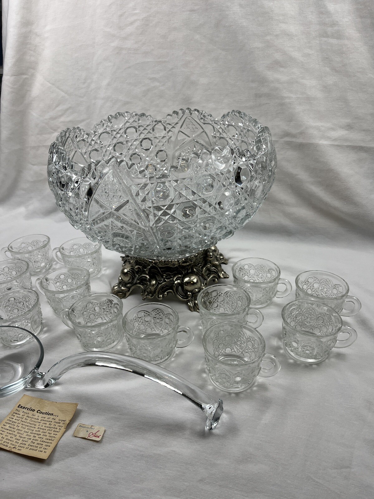L.E.. Smith Daisy Button Punch Bowl Cup Set W/ Metal Stand Vintage MCM 1950s