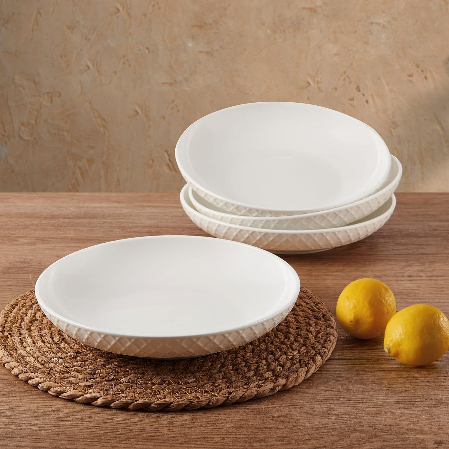 Trellis Bone China 9-Inch Pasta Bowls Set of 4, Lightweight, Chip-Resistant Whit